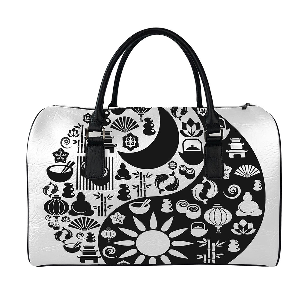 Black And White Japanese Yin Yang Print Leather Duffle Bag