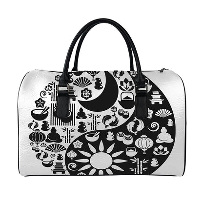 Black And White Japanese Yin Yang Print Leather Duffle Bag