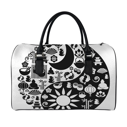 Black And White Japanese Yin Yang Print Leather Duffle Bag
