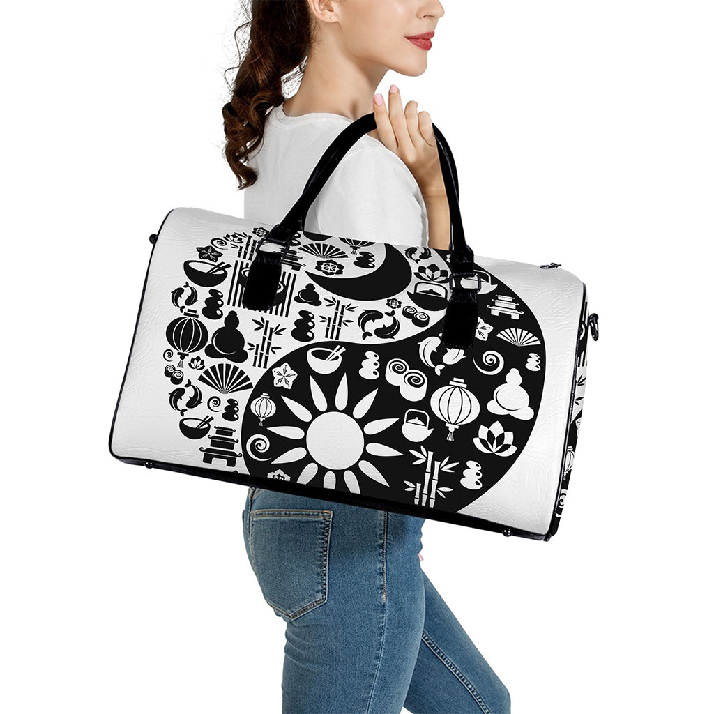 Black And White Japanese Yin Yang Print Leather Duffle Bag