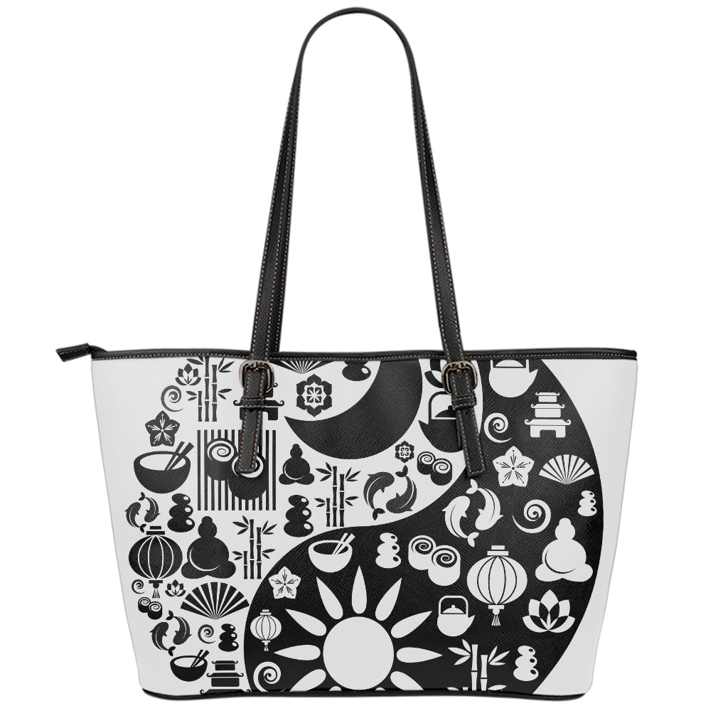 Black And White Japanese Yin Yang Print Leather Tote Bag