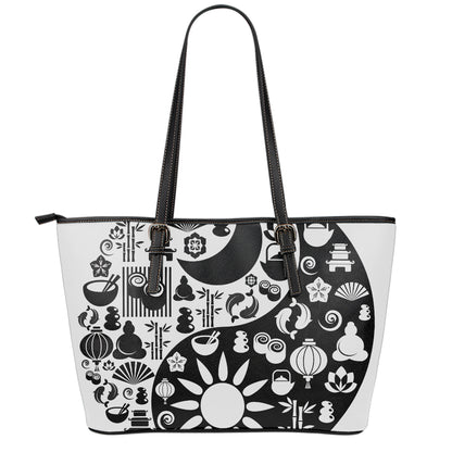 Black And White Japanese Yin Yang Print Leather Tote Bag