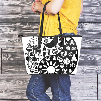 Black And White Japanese Yin Yang Print Leather Tote Bag