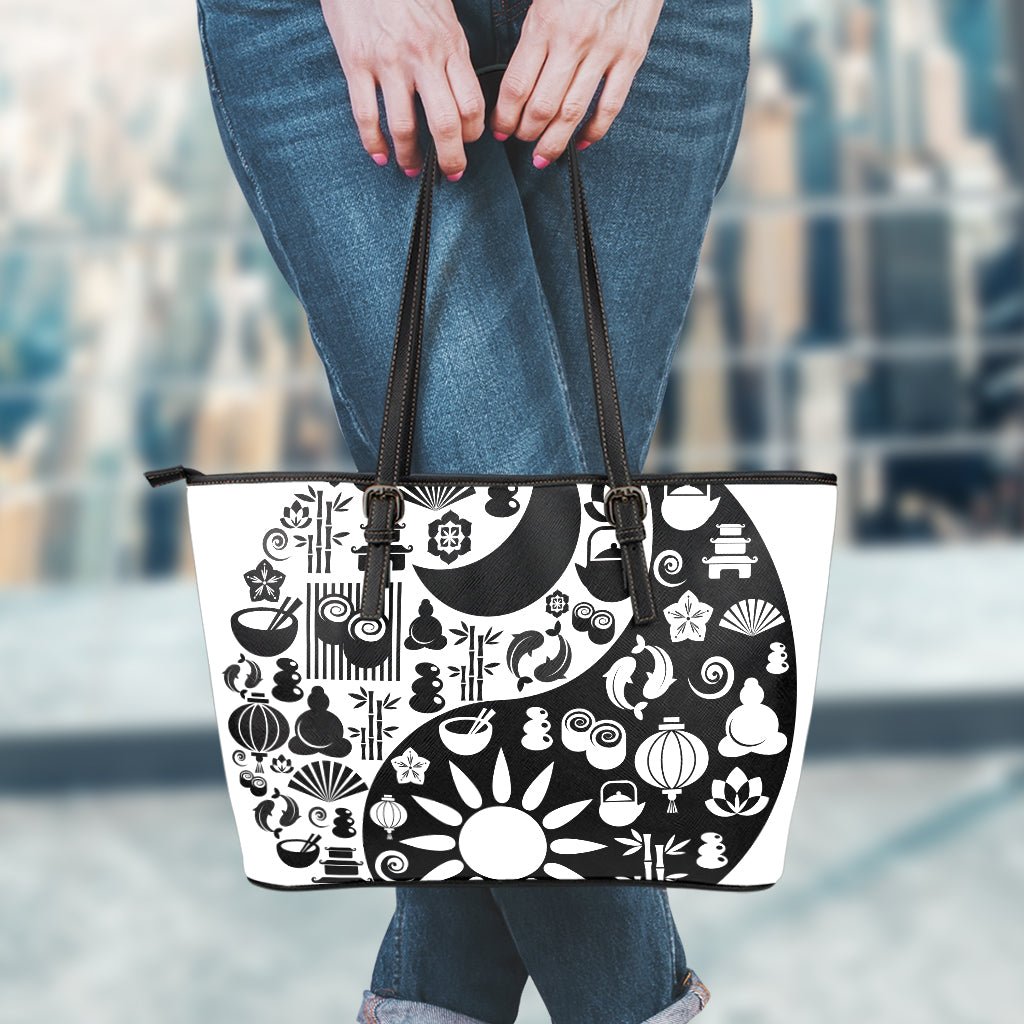 Black And White Japanese Yin Yang Print Leather Tote Bag