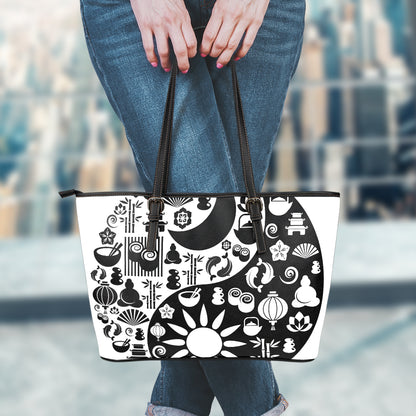 Black And White Japanese Yin Yang Print Leather Tote Bag