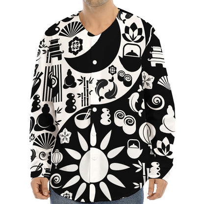 Black And White Japanese Yin Yang Print Long Sleeve Baseball Jersey