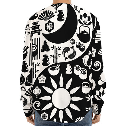 Black And White Japanese Yin Yang Print Long Sleeve Baseball Jersey