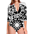 Black And White Japanese Yin Yang Print Long Sleeve Swimsuit