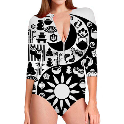 Black And White Japanese Yin Yang Print Long Sleeve Swimsuit
