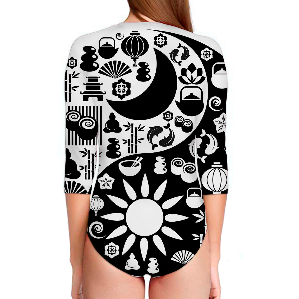 Black And White Japanese Yin Yang Print Long Sleeve Swimsuit