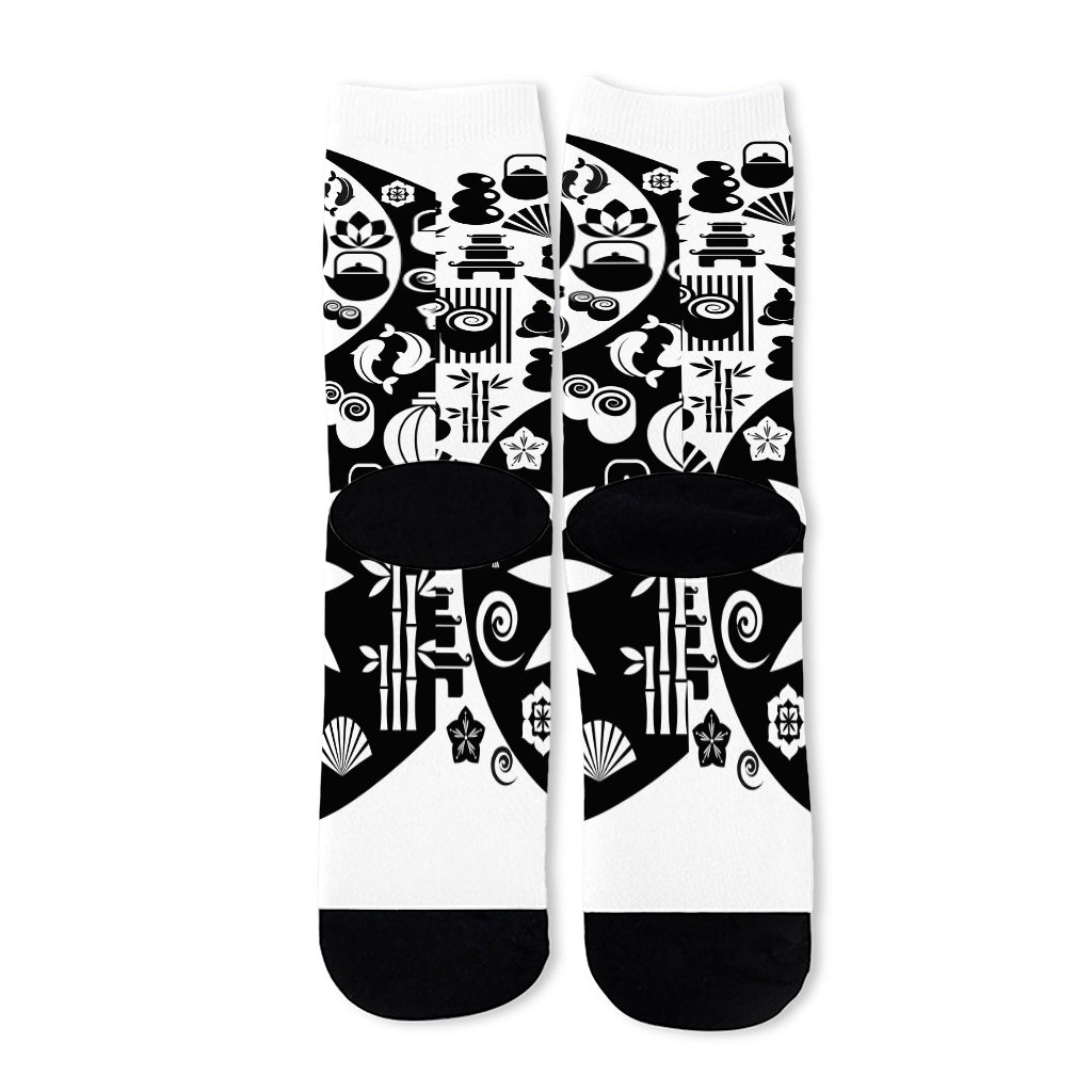 Black And White Japanese Yin Yang Print Long Socks