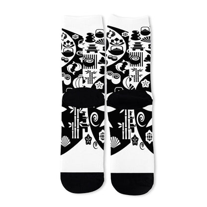 Black And White Japanese Yin Yang Print Long Socks