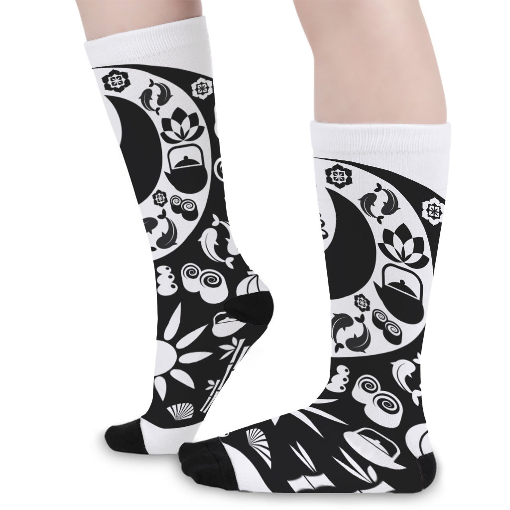 Black And White Japanese Yin Yang Print Long Socks