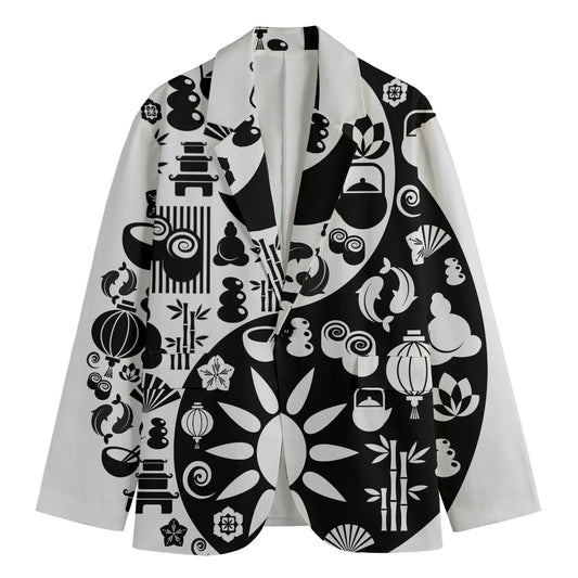 Black And White Japanese Yin Yang Print Men's Blazer