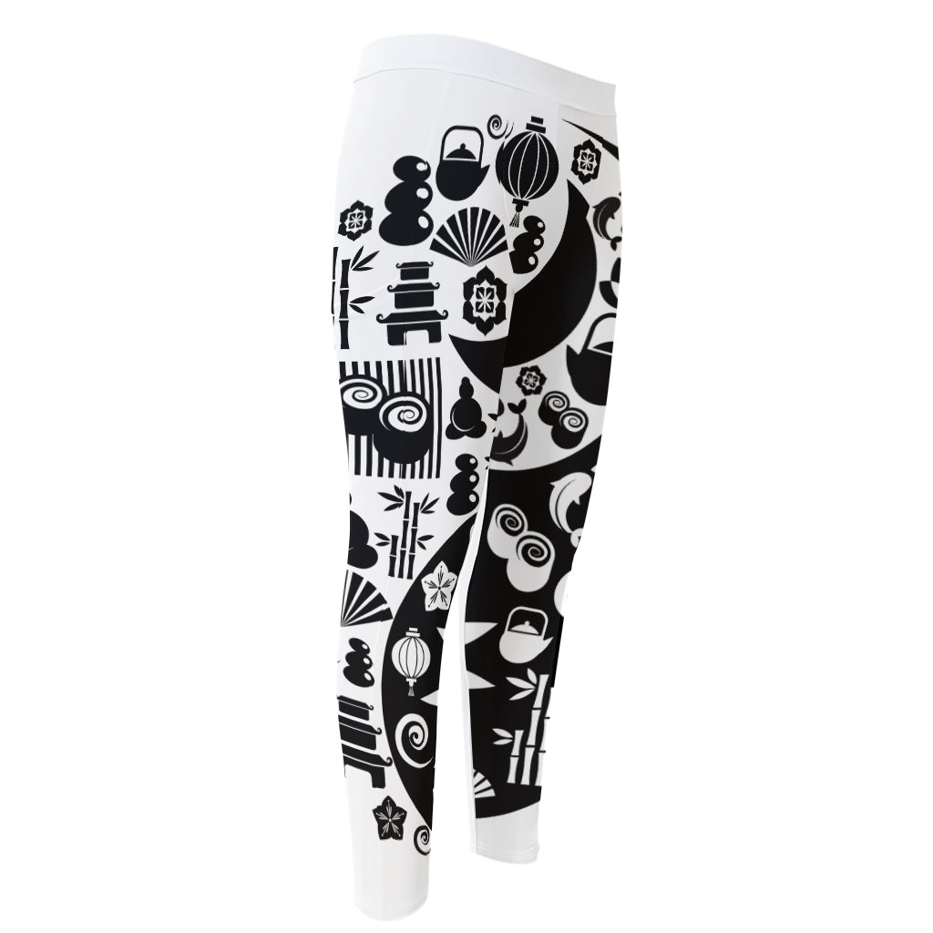Black And White Japanese Yin Yang Print Men's Compression Pants