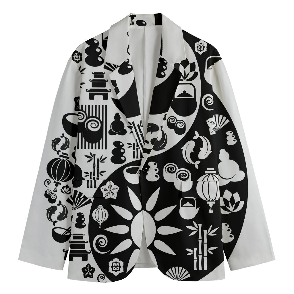 Black And White Japanese Yin Yang Print Men's Cotton Blazer