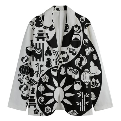 Black And White Japanese Yin Yang Print Men's Cotton Blazer