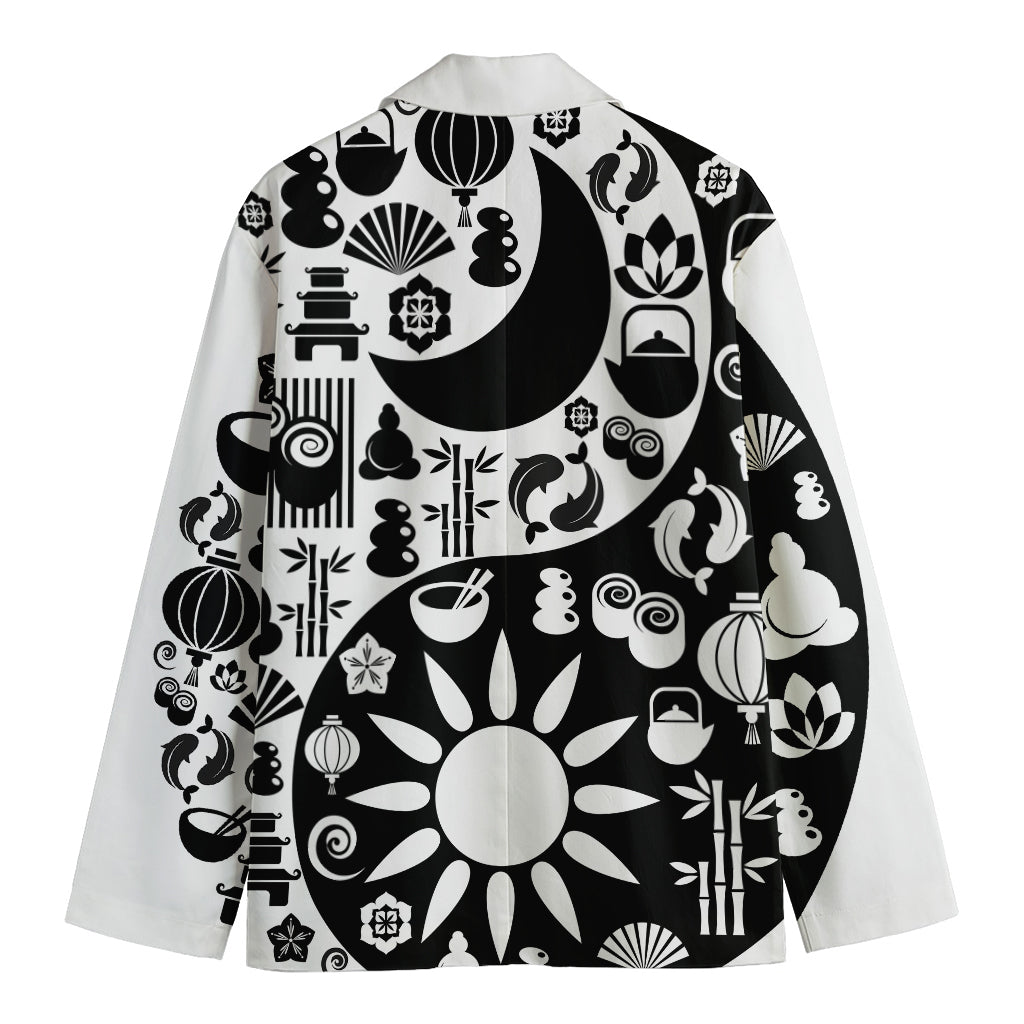 Black And White Japanese Yin Yang Print Men's Cotton Blazer