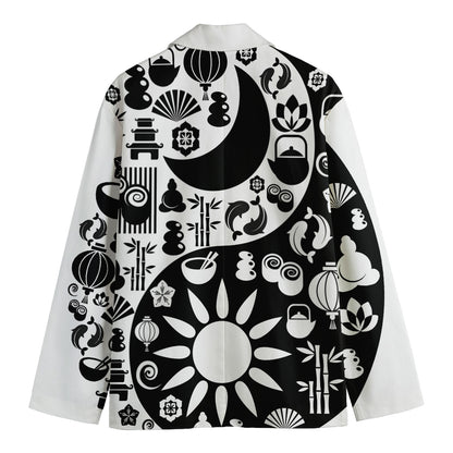 Black And White Japanese Yin Yang Print Men's Cotton Blazer
