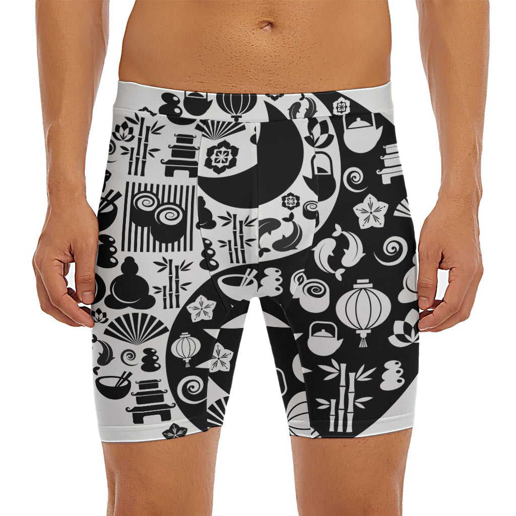 Black And White Japanese Yin Yang Print Men's Long Boxer Briefs
