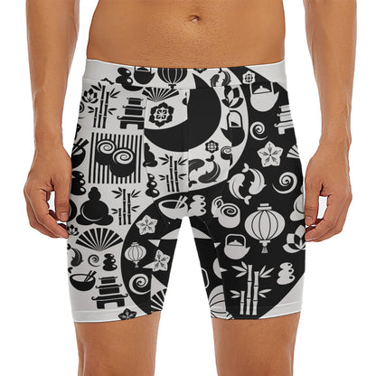 Black And White Japanese Yin Yang Print Men's Long Boxer Briefs