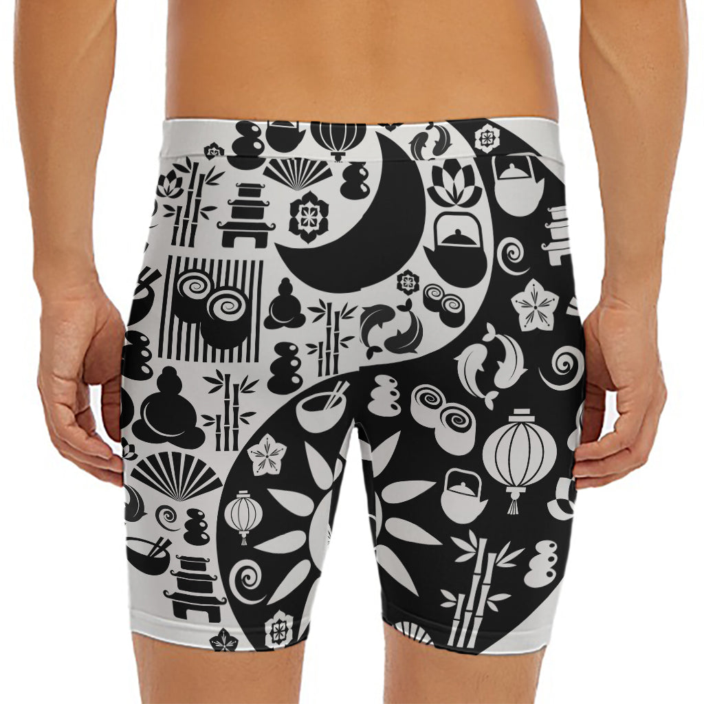 Black And White Japanese Yin Yang Print Men's Long Boxer Briefs
