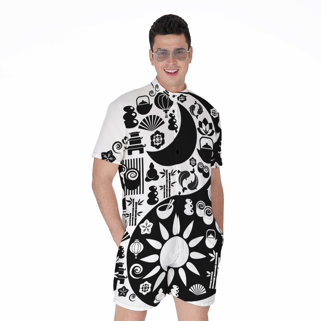 Black And White Japanese Yin Yang Print Men's Rompers