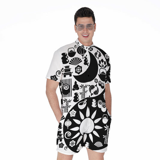 Black And White Japanese Yin Yang Print Men's Rompers