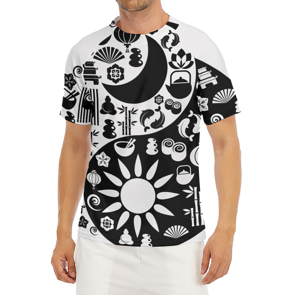 Black And White Japanese Yin Yang Print Men's Short Sleeve Rash Guard