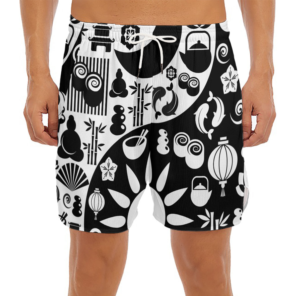 Black And White Japanese Yin Yang Print Men's Split Running Shorts