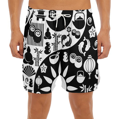 Black And White Japanese Yin Yang Print Men's Split Running Shorts