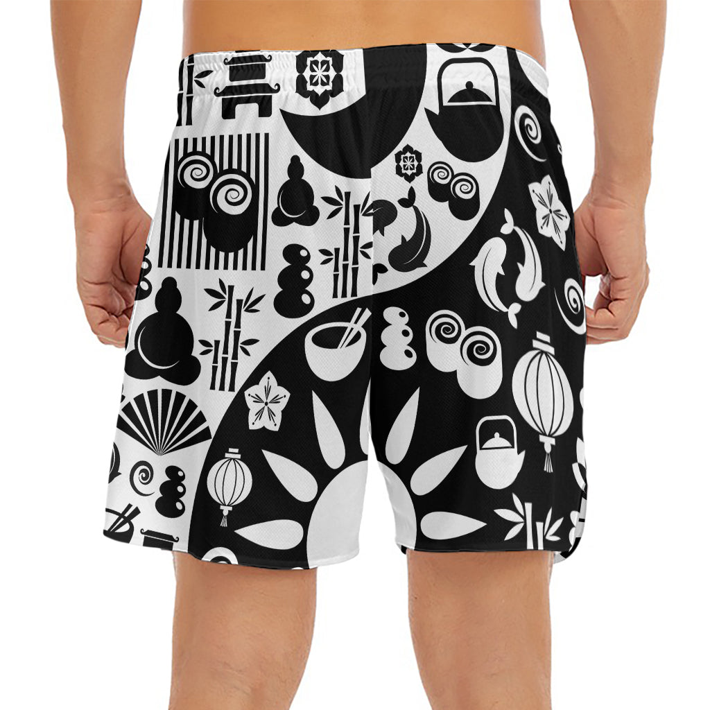 Black And White Japanese Yin Yang Print Men's Split Running Shorts