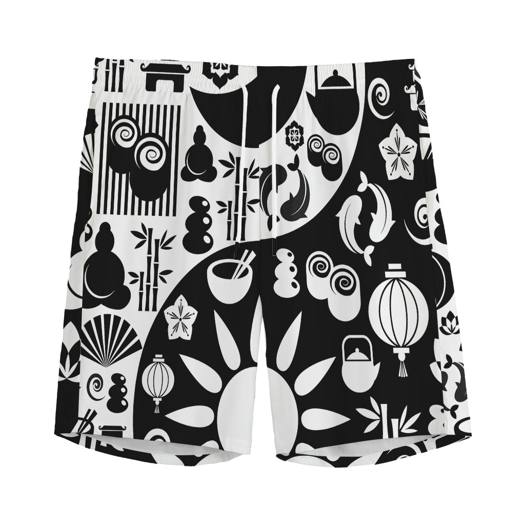 Black And White Japanese Yin Yang Print Men's Sports Shorts