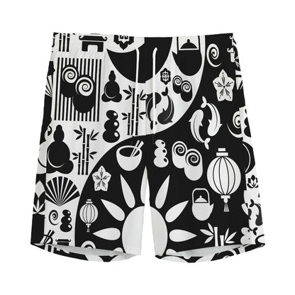 Black And White Japanese Yin Yang Print Men's Sports Shorts