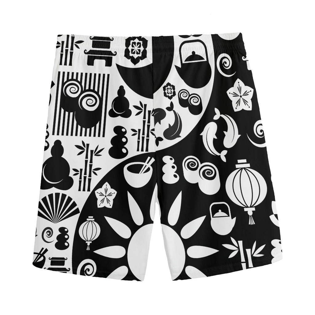 Black And White Japanese Yin Yang Print Men's Sports Shorts