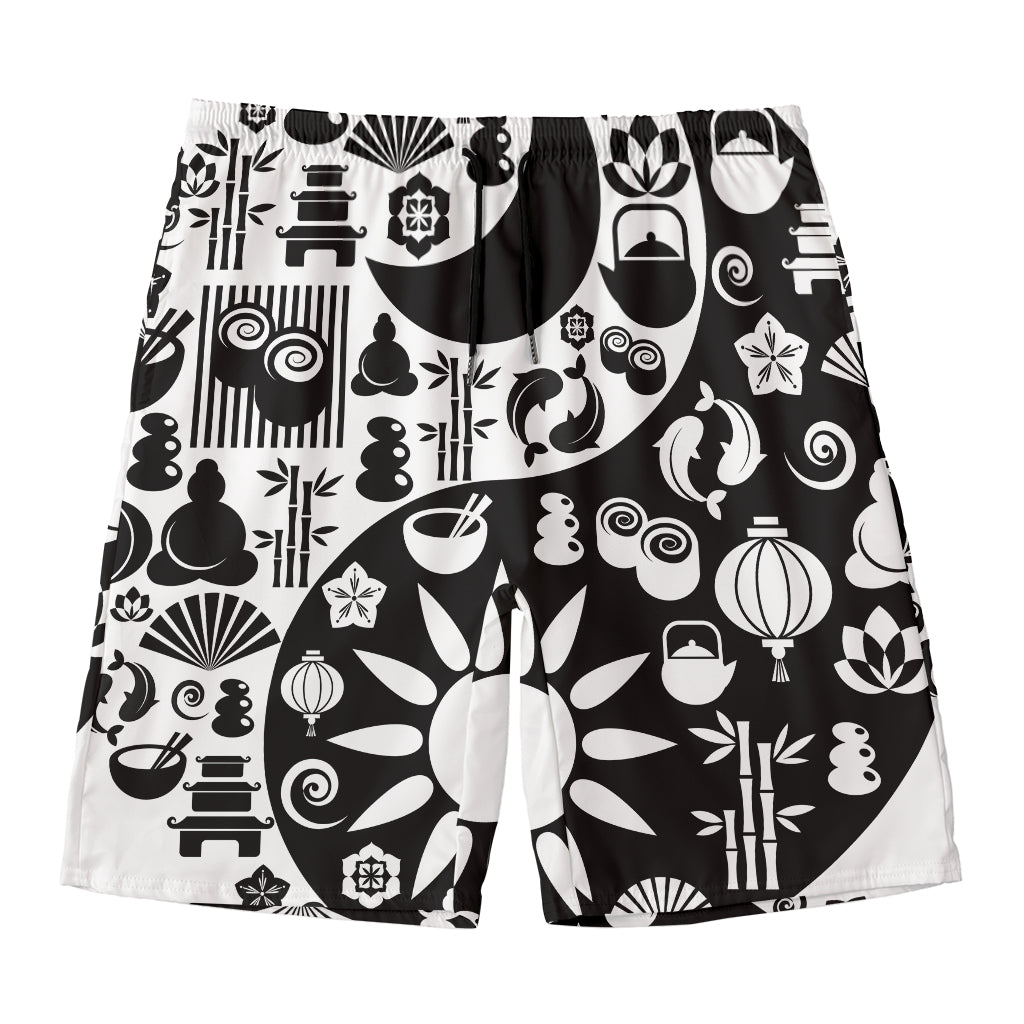 Black And White Japanese Yin Yang Print Men's Swim Trunks
