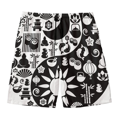 Black And White Japanese Yin Yang Print Men's Swim Trunks