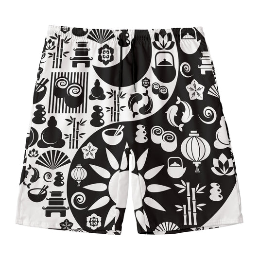 Black And White Japanese Yin Yang Print Men's Swim Trunks