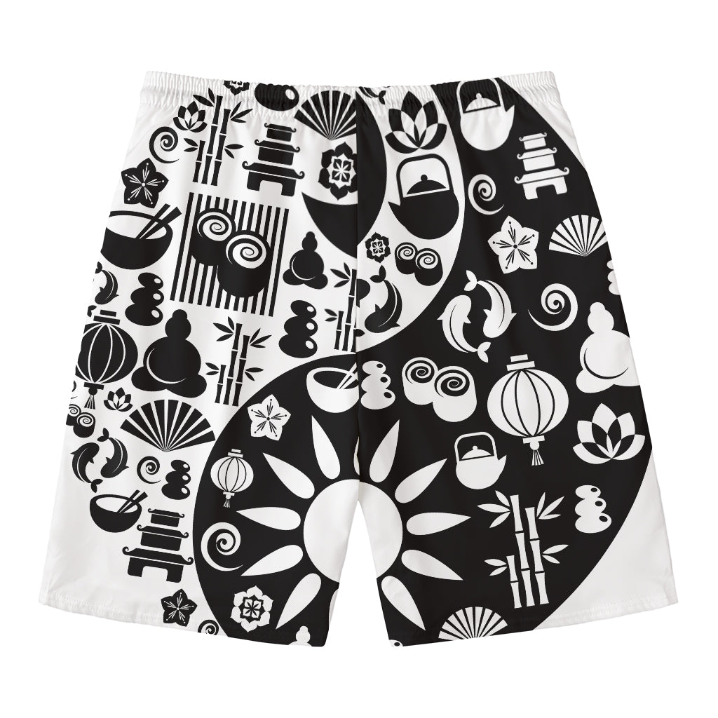 Black And White Japanese Yin Yang Print Men's Swim Trunks