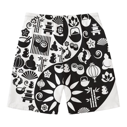 Black And White Japanese Yin Yang Print Men's Swim Trunks