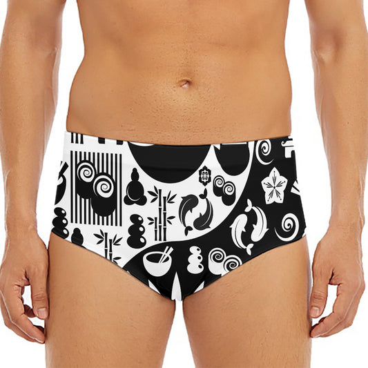 Black And White Japanese Yin Yang Print Men's Triangle Swim Briefs