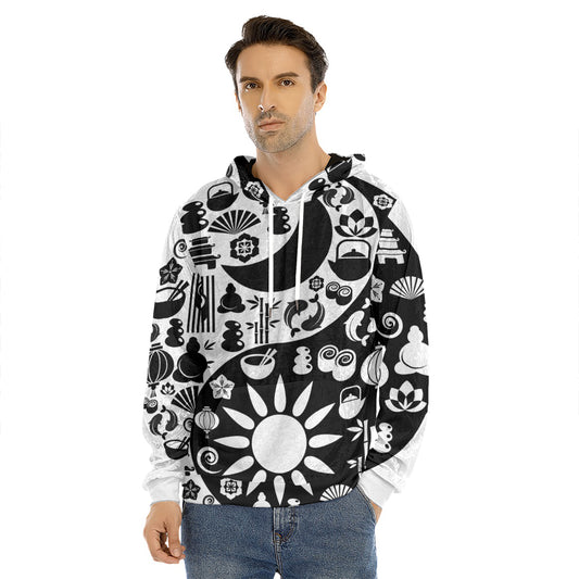 Black And White Japanese Yin Yang Print Men's Velvet Pullover Hoodie