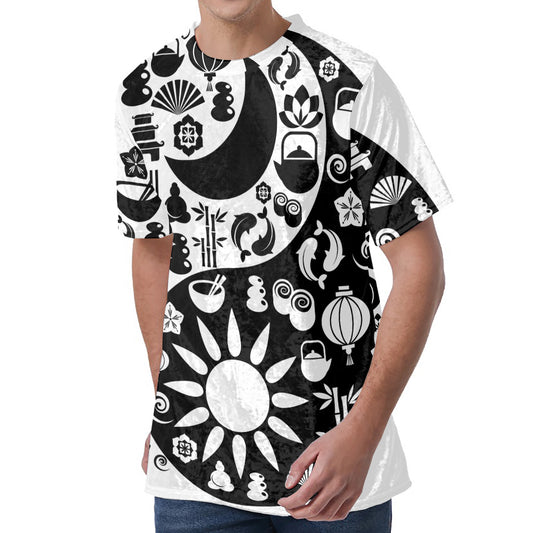 Black And White Japanese Yin Yang Print Men's Velvet T-Shirt