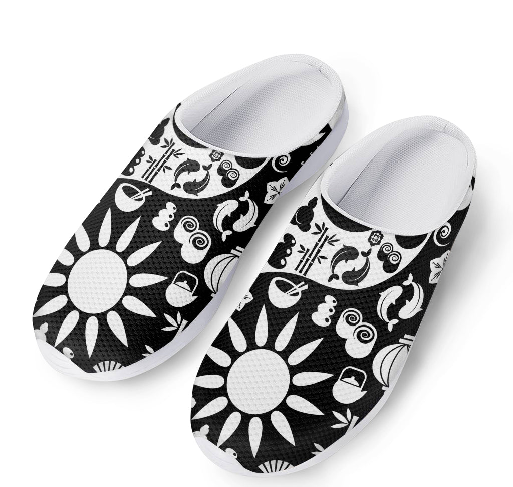 Black And White Japanese Yin Yang Print Mesh Casual Shoes