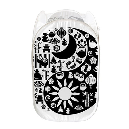 Black And White Japanese Yin Yang Print Mesh Laundry Hamper