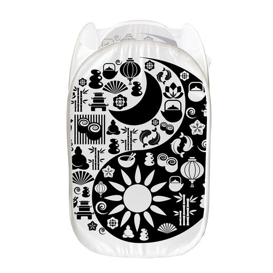 Black And White Japanese Yin Yang Print Mesh Laundry Hamper