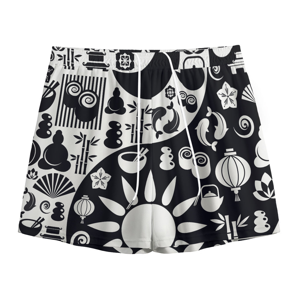 Black And White Japanese Yin Yang Print Mesh Shorts