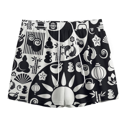 Black And White Japanese Yin Yang Print Mesh Shorts