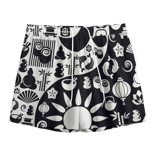 Black And White Japanese Yin Yang Print Mesh Shorts