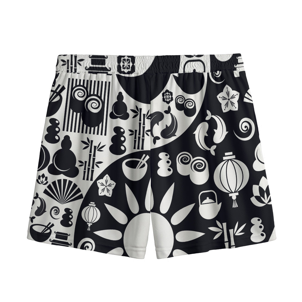 Black And White Japanese Yin Yang Print Mesh Shorts